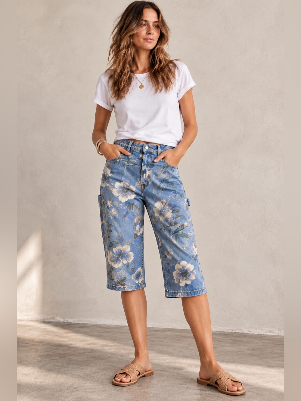Flamingals Floral Denim Bermuda Shorts Blue Cargo Size L NWT